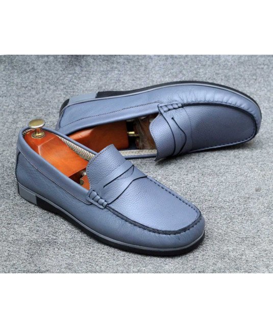 Mocassin en cuir a mors simple /Bleu Gris /Portugal